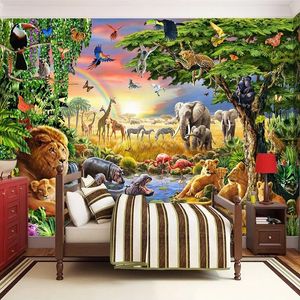 Beställningsfoto väggmålning non-woven tapet 3d tecknad gräsmark djur lejon zebra barn rum sovrum hem dekor väggmålning