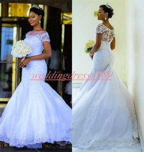 Exquisite Koronki Syrenki Suknie Ślubne Cekiny Krótki Rękaw Plus Size South African Vestido de Novia Bride Dress Arabska suknia ślubna