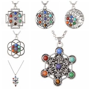 Silver Sacred Geometry Spiritual Tree of Life Pendant Necklace Jewellery for Women Girls Healing Crystals and Gemstones 7 Chakra Stone