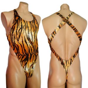 G7284 Mens Thong Back Bodysuit Swim Fabric Stretchy High Cut X Back Onesie Tiger Animal Prints3266