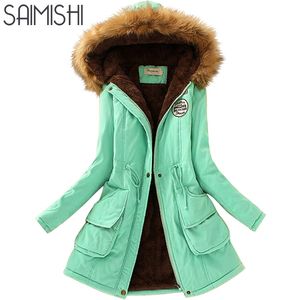 Saimishi outono jaqueta de inverno mulheres parka casacos morno casacos de pele casacos longos parkas hoodies escritório senhora algodão plus tamanho