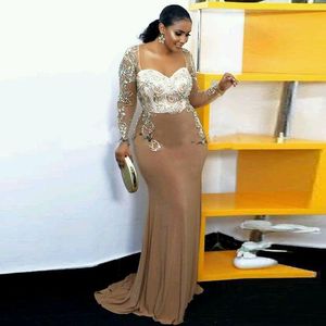 Champagne Mermaid Plus Size Evening Dresses 2022 Sweetheart Long Sleeves Crystal Beaded African Occasion Party Dresses Prom Pageant Gowns