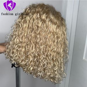 150% Blond Curly 13 * 4 Sida Parting Lace Front Wig 613 Transparent Lace Färgglada Korta Bob Syntetiska peruker Värmebeständig för vita kvinnor