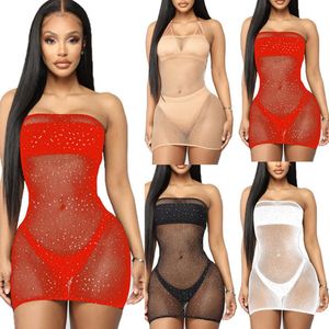 Cobertura de verão feminino sexy bronzeamento bandeau fishnet malha biquíni ver através maiô cover-ups vestido de praia maiô bata