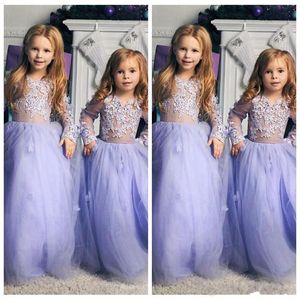 New Princess Flower Girls Dresses For Weddings Jewel Lace Appliques Beaded Illusion Tulle Long Sleeves Birthday Children Pageant Gowns