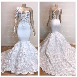 New Sexy One Shoulder White Mermaid Prom Dresses Long Flower Train Lace Applique Evening Dress Pageant Party Gowns