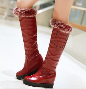 Rozmiar 33 do 43 z pudełkiem Butgundy Futro Buty Platformy Buty Wedge Sexy Kolano High Boots Wine Red Black Black