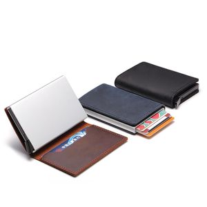 new fashion designer push automatic spring simple plain vintage genuine leather aluminum box business card holder