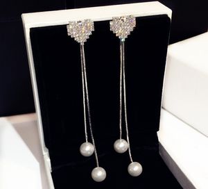 Moda designer pérola longo balançar pingente requintado super brilhante diamantes bonito coração brincos para mulher meninas