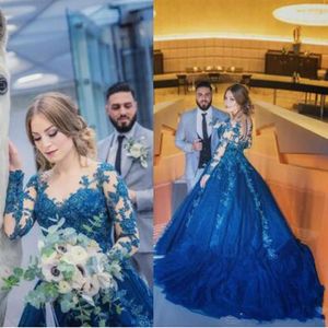 Mavi Arapça Müslüman Abiye Uzun Kollu Gelinlik Modelleri Dantel Botton Geri Şık Örgün Parti Abiye elbise de soiree
