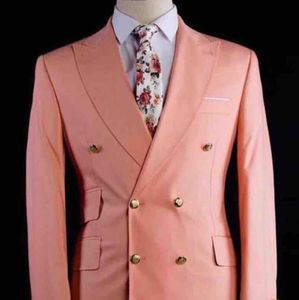 Rosa Dubbelbröst Peak Lapel Män Bröllop Tuxedos Man Party Blazer Back Split Business Suits Coat Byxor Satser (Jacka + Byxor + Slips) K23