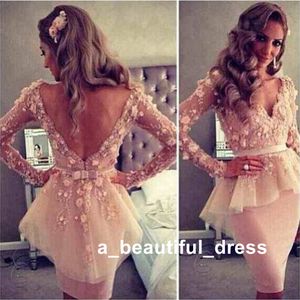 Blush Pink V-neck Long Sleeves Lace Flowers Sheath Backless Peplum Celebrity Evening Dresses Gowns Special Occasion Dresses ED1289