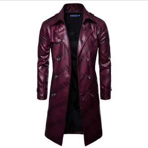 Men's Designer Double-Breasted mens leather trench - Autumn/Winter Casual Lapel Imitation Leather Coated Coat with Free Shipping
