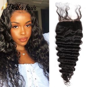 Bella Hair Chiusura in pizzo 4x4 Onda profonda Scelte degli acconciatori Solo chiusure di capelli umani vergini Capelli pre-pizzicati Capelli del bambino Nero naturale IN VENDITA