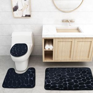 Black 3D Cobblestone Bathroom Mat Toilet Covers Solid Color 3pcs/set Bath Floor Carpets For Home Decor Quality Foot Pad Doormats Y200407