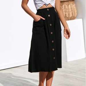 Summer Skirts Women 2019 New Elegant Buttons Elastic High Waist Skirt Female Pleated Sun Ladies School Midi Skirt