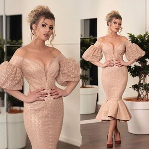Fashion Prom Dresses Off-Shoulder Capped Half Sleeves Mermaid Evening Gowns Tea-Length Plus Size Special Ocn Dress