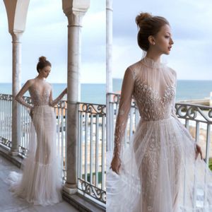 2020 Sexy Doria Karlozi Wedding Dresses With Overskirts High Collar Long Sleeve Abiti Da Sposa Sweep Train A Line Tulle Bride Dress