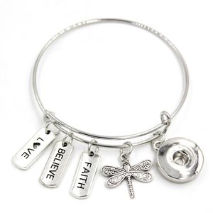 Wholesale 18mm Snap Jewelry Adjustable Expandable Bangle Dragonfly Bracelet Believe Faith Charm Bracelets Expandable Bangle Snap Bracelets