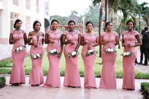 Wholesale burgundy tulle bridesmaid dress resale online - Cheap Blush Pink Mermaid Bridesmaid Dress Sexy Lace Appliqued Wedding Guest Gown Hot African Sheath Formal Party Prom Evening Dresses BM0614
