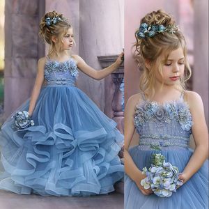 New Cheap Sky Blue Pageant Dresses Lace Crystal Beads Ruffles Tiered Tulle Floor Length Long Kids Wedding Flower Girls Dress