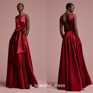 A Line Satin Prom Dresses with Pockets Bow V Neck Backless Sexy Cocktail Party Evening Gowns PD5574