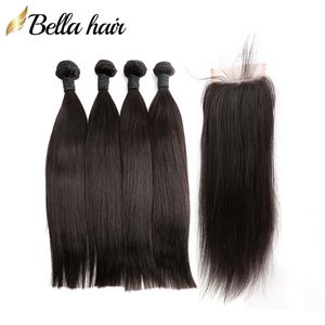 Brasiliansk mänsklig inslag 4st med 1 st toppstängningar silkeslen raka hårförlängningar dubbla inslag obearbetade jungfruliga hårbuntar bellahair