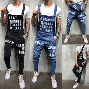 BIB de Nova homens sólido Macacões Cor Jeans letras impressas magro Slim Fit Denim Calças Macacões Suspensórios Streetwear