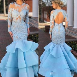 Sky Blue Mermaid Prom Dresses Jewel Neck Long Illusion Sleeves Lace Applique Tiered Skirt Organza Hollow Back Evening Gown Formal Occasion