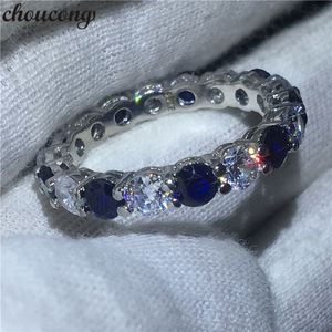 Choucong Kadın Alyans Yuvarlak 4mm Mavi Elmas kadınlar için 925 Ayar Gümüş Nişan Band Yüzük Gelin Takı