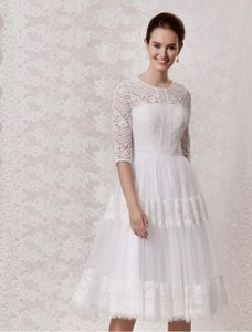 2020 knielanges, kurzes Boho-Hochzeitskleid mit Spitze, Tüll und 3/4-Ärmeln, Rundhals-Brautkleid, rustikale Outdoor-Brautkleider nach Maß