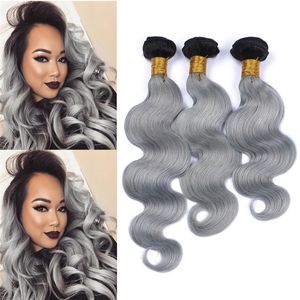 Black to Silver Grey Ombre Brazilian Virgin Human Hair Weaves Dark Root 3Pcs Body Wave Wavy Double Wefts #1B Grey Two Tone Hair