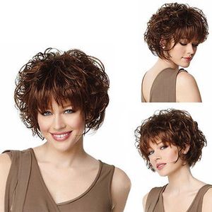 Pełna krótka damska damska moda peruki do włosów Curly Dark Brown Długość Ramię Peruki