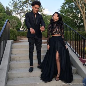 2019 Black Seksowne Dwa Kawałki Prom Dresses Jewel Neck Lace Aplikacja Długie Rękawy High Side Split Sweep Pociąg Długie Formalne Wieczorowe Party Suknie
