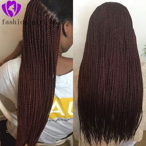 Long Two Tone Burgundy Synthetic Lace Front Wig Ombre Red Heat Resistant Hair Braided Box Braids Lace Wigs for Women