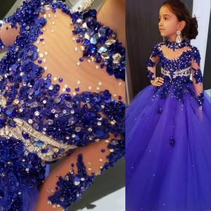 Królewskie Blue Flower Girls Sukienki na wesela wysokie szyi koronki aplikacje kryształowe koraliki długie rękawy tiul dzieci