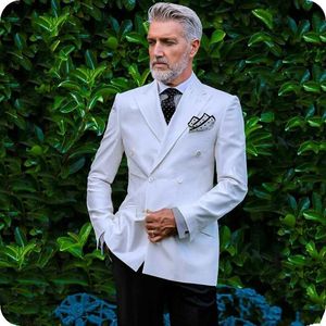 Högkvalitativ dubbelbröst vit brudgum Tuxedos topp lapel män passar 2 bitar bröllop / prom / middag blazer (jacka + byxor + slips) w705
