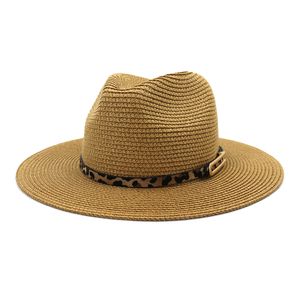 Cap Verão Homens Mulheres Papel de palha Panamá Jazz chapéu Sombrero Outdoor Praia aba larga chapéus de sol com cópia do leopardo pulseira de couro