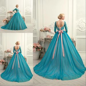 Sexig Teal Scoop Lace Ball Gown Quinceanera Klänningar Lace Up Plus Storlek med Half Sleeve Bow Fashion Färgglada Bröllop Party Gowns Bo8169