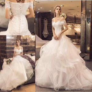 New Style Plus Size Mermaid Wedding Dresses Off The Shoulder Capped Short Sleeves Back Lace Up Bridal Gowns For Women