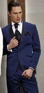 Fashion Navy Blue Groom Tuxedos Svart Jacquard Lapel Groomsmen Mens Bröllopsklänning Utmärkt Man Jacka Blazer Suit (Jacka + Byxor + Vest + Tie) 5