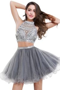 W magazynie Krótki Homecoming Prom Dresses High Neck Backless Crystal Zroszony Dwa Sztuki Koktajl Party Suknie CPS175