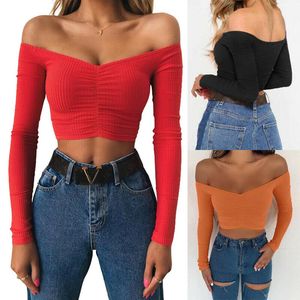 Jesień Nowy Solid V Cut Off Ramię Z Długim Rękawem Z Długim Rękawem Crop Kobiet 2019 Dzianiny Smocked Wrap Basic Skinny Bodice Krótka T Shirt