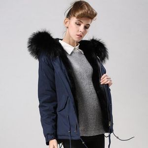 INS hot Meifeng brand women snow coats black raccoon fur trim parka black rabbit fur lining navy blue mini parkas