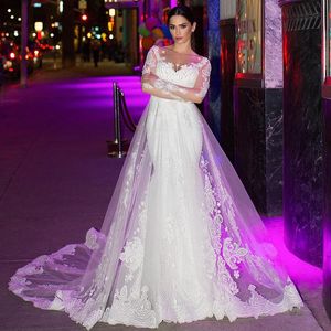 Nowa sukienka ślubna z syreny koronkowe aplikacje długie rękawy arabskie suknie z zamiatającymi pociągiem ślubne suknie ślubne