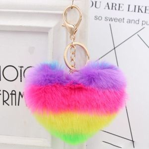 2019 New Colorful Heart-shaped Hair Ball Keychain Cute Simulation Rabbit Hair Car Key Circle Bag Pendant Jewelery 10CM