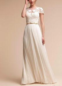 Setwell Womens White Ivory Jewel A-Line Beach Bröllopsklänning Korta ärmar Pläterad Lace Chiffon Bröllopklänning med bälte