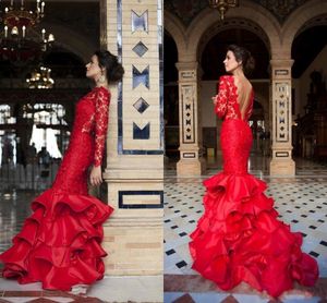 2020 Dark Red Cascading Ruffle V Backless Formal Evening Gowns Lace Illusion Long Sleeves Bateau Mermaid Prom Dress Social Occasion Dress