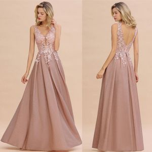 Sexy Amazing Slim Różowy Suknie Wieczorowe Nowy Hollow Backless V Neck Appliqued Prom Dress A Line Matka Druhna Suknie Dostosuj rozmiar