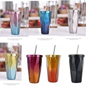 16oz Travel Coffee Mug with Straw 480ml Stainless Steel Tumbler Vacuum Insulated Gradient Drinking Cups Water Bottle
